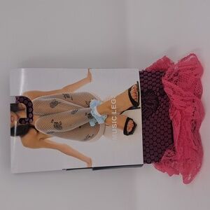 Music Legs Hot Pink & Black Fishnet Footless Pantyhose Floral Lace Trim